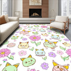 Whimsical Cat and Flower Pattern Rug
