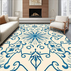 Cream And Cobalt Floral Medallion Tile Rug