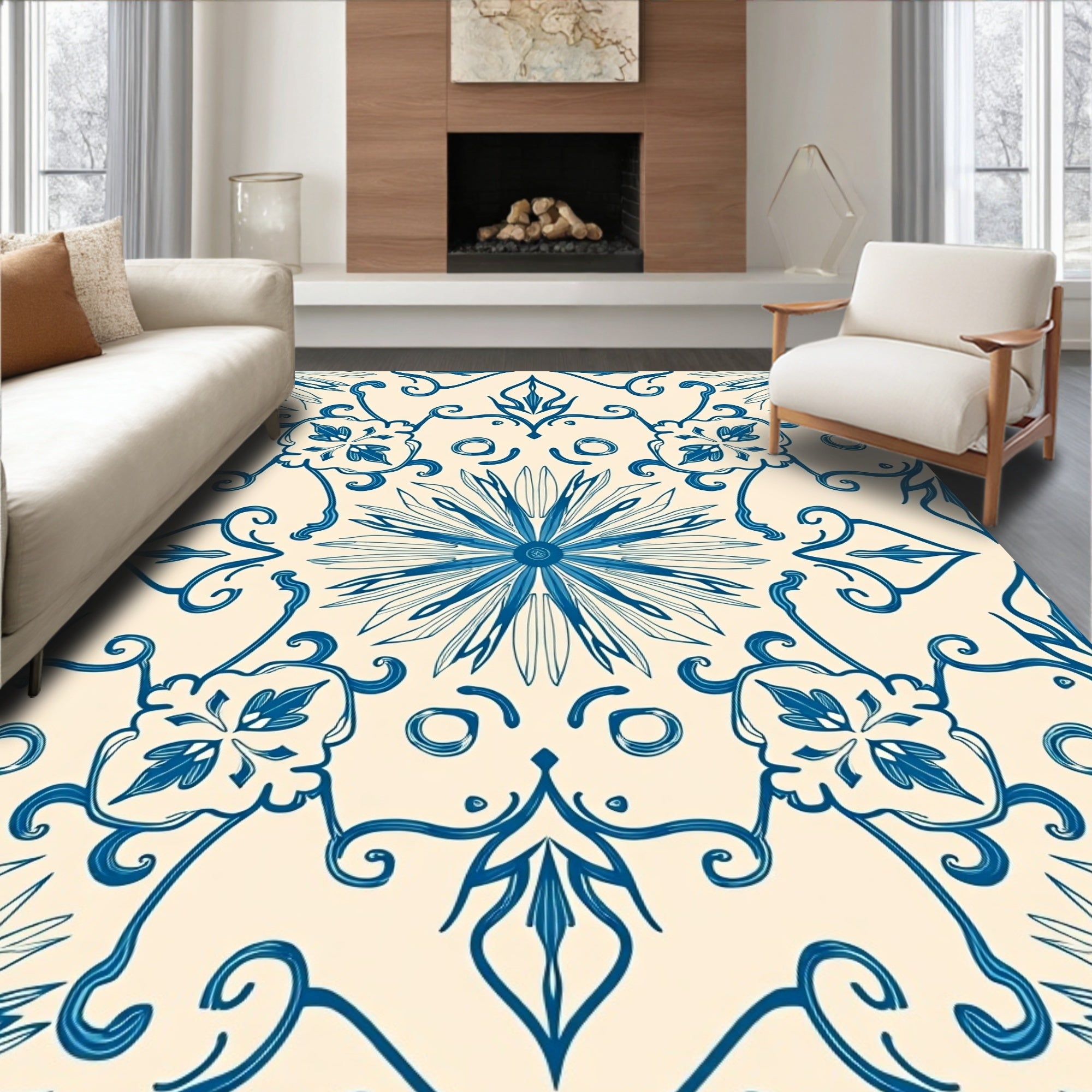 Cream And Cobalt Floral Medallion Tile Rug