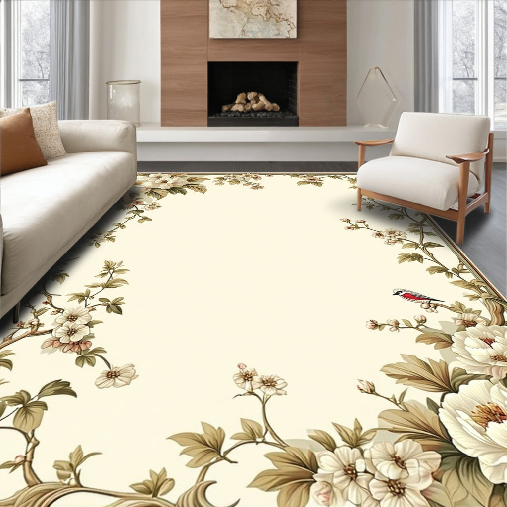 Elegant Floral Branch Whimsical Bird Rug