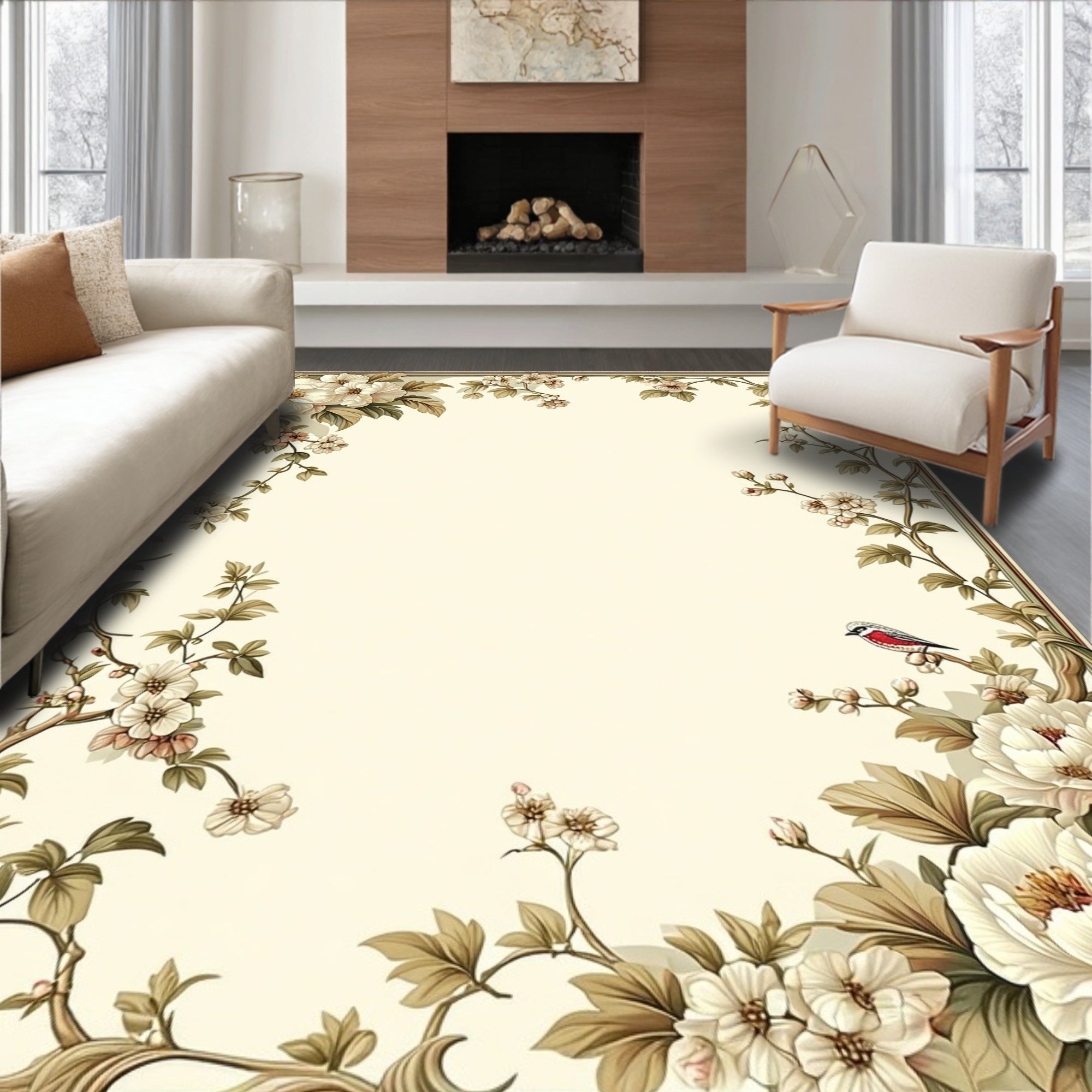 Elegant Floral Branch Whimsical Bird Rug