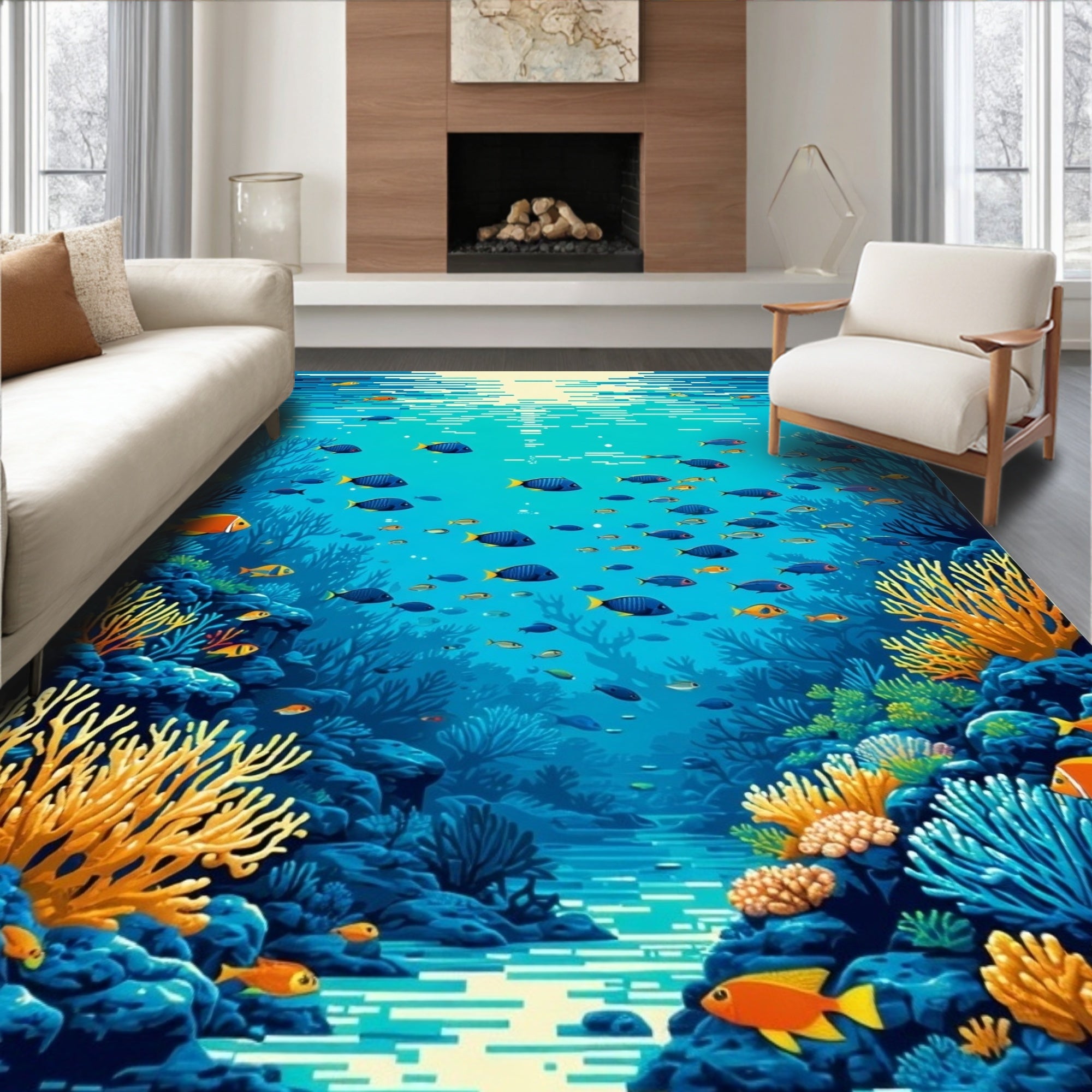Colorful Coral Reef Fish Pattern Rug