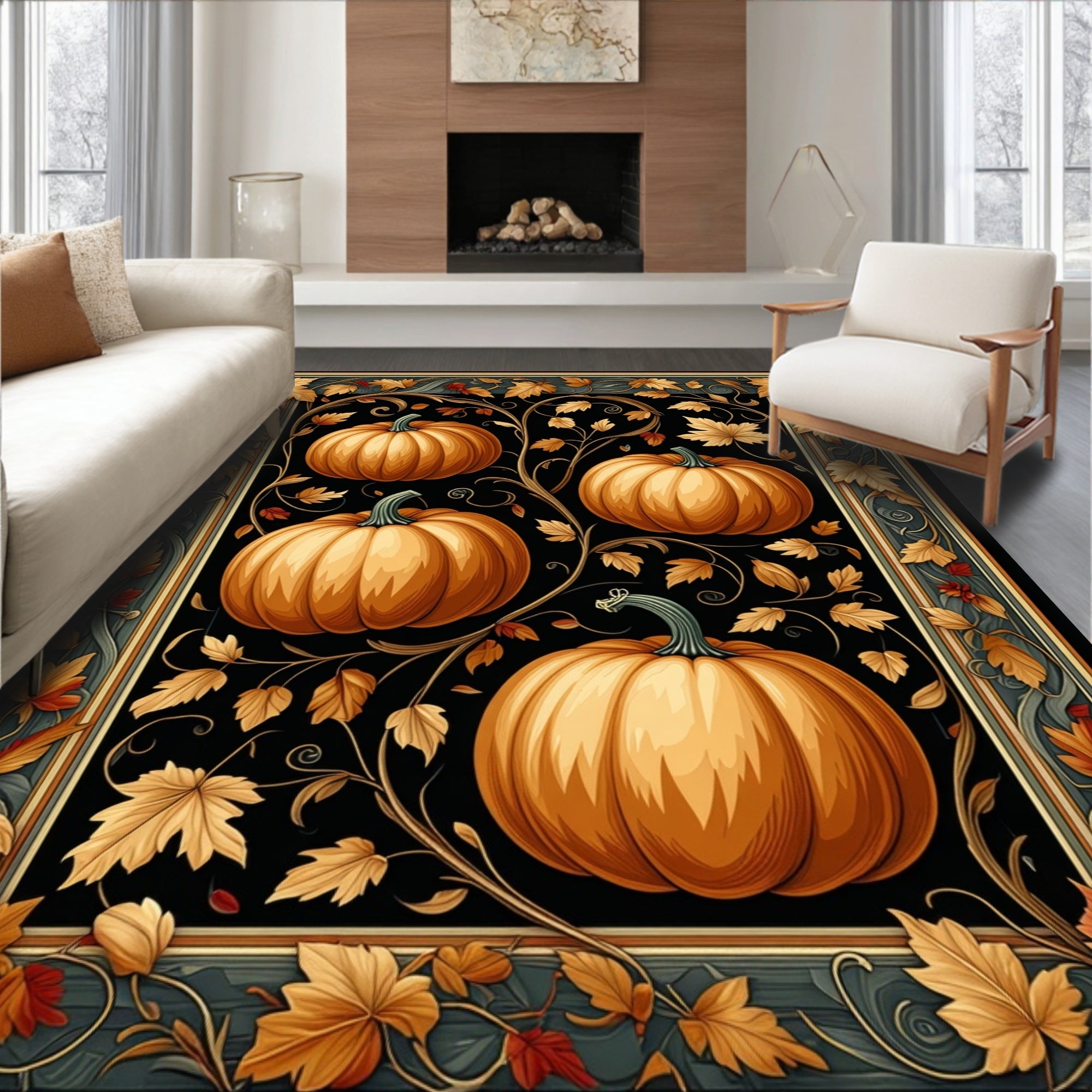 Autumnal Pumpkin Vine Garland Design Rug