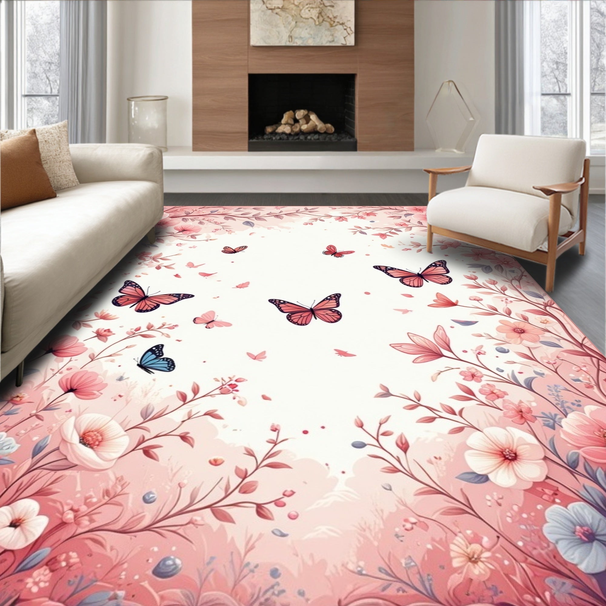 Whimsical Butterflies and Floral Patterns Rug