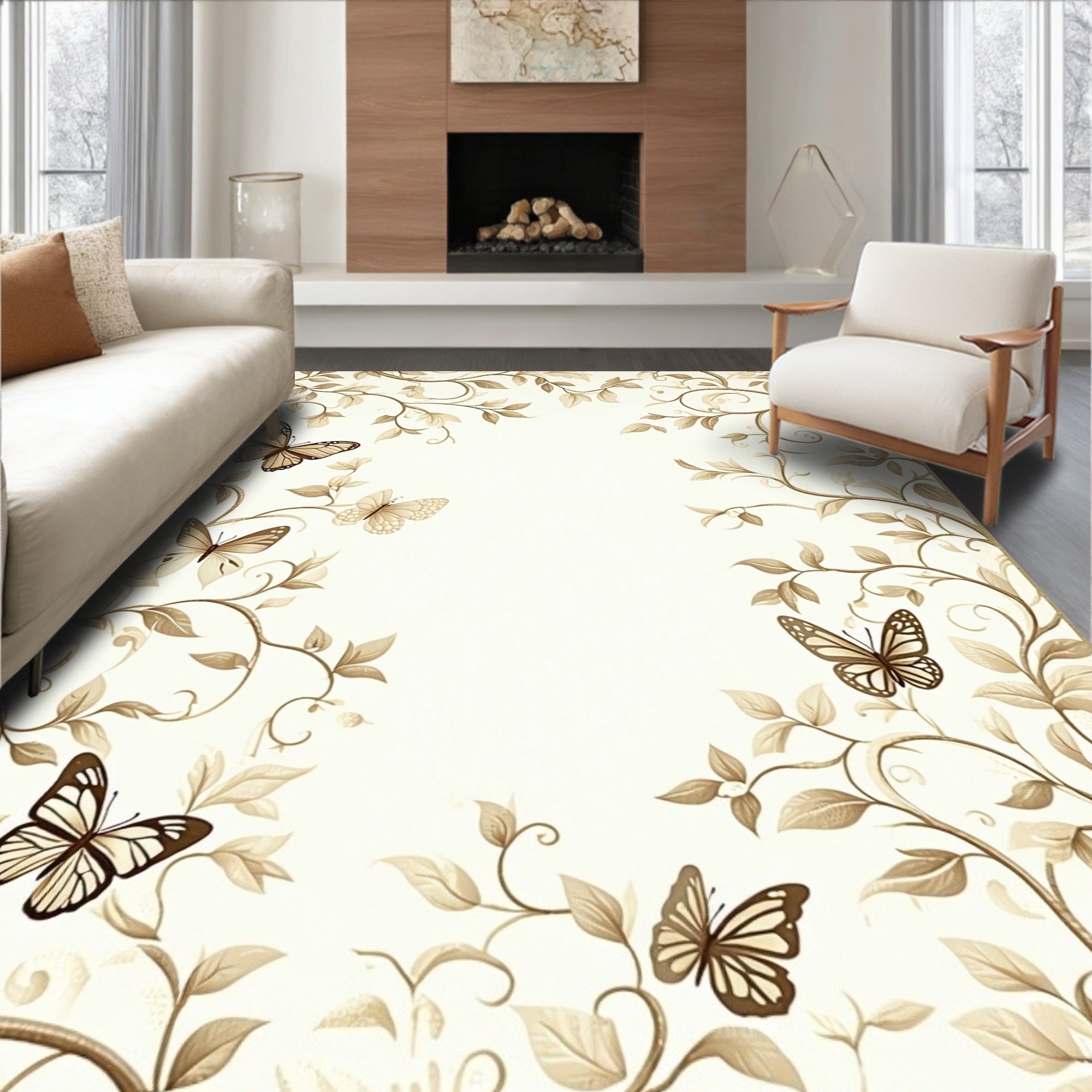 Elegant Floral Vines And Butterflies Design Rug