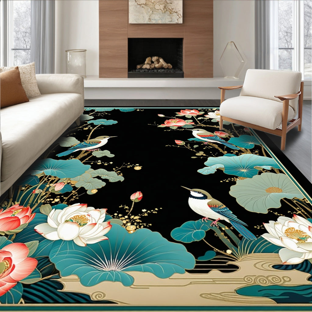 Birds And Lotus Floral Pattern Rug