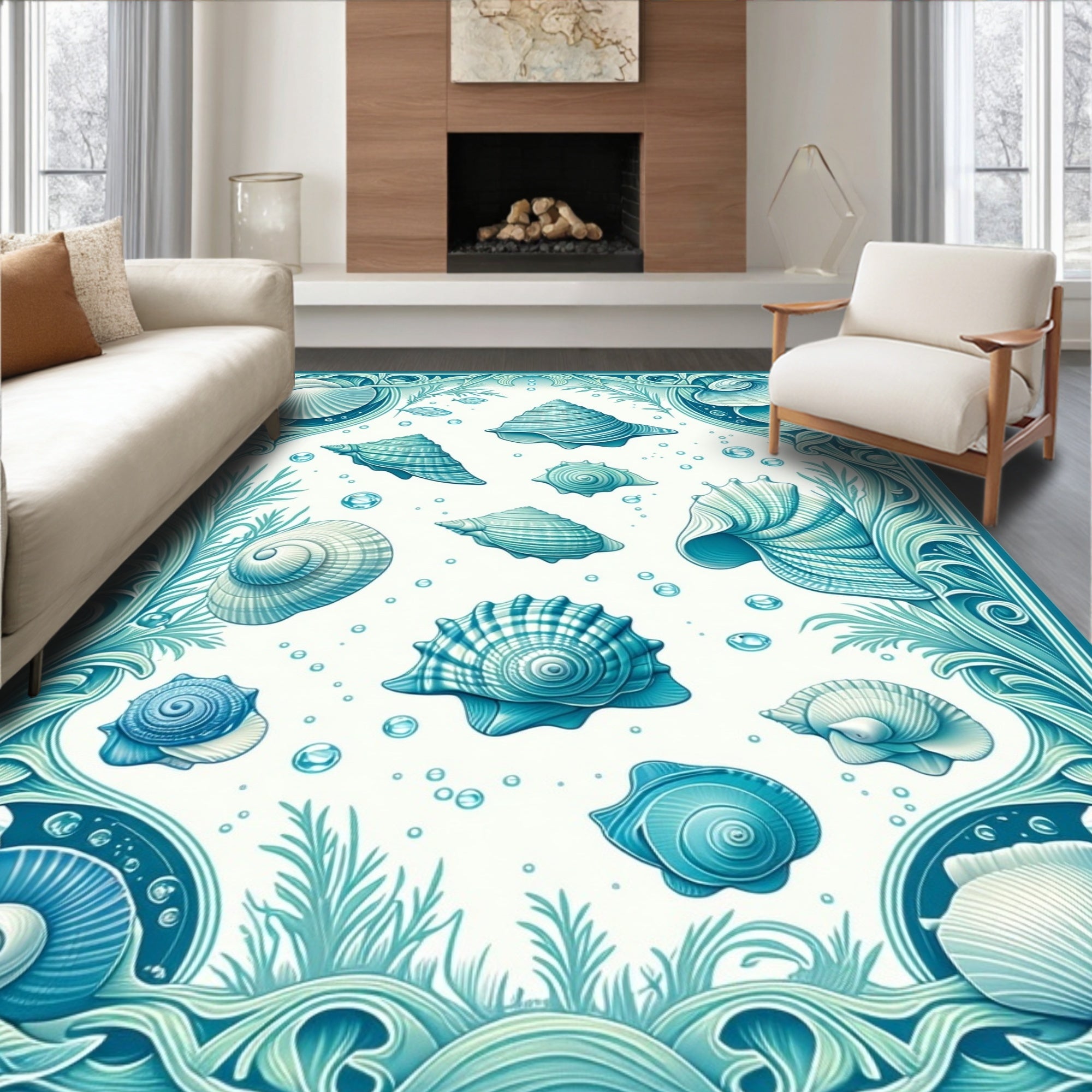 Oceanic Shells Seaweed Pattern Rug