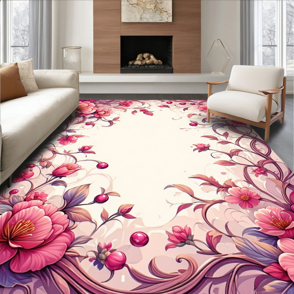 Pink Floral Swirls Botanical Pattern Rug