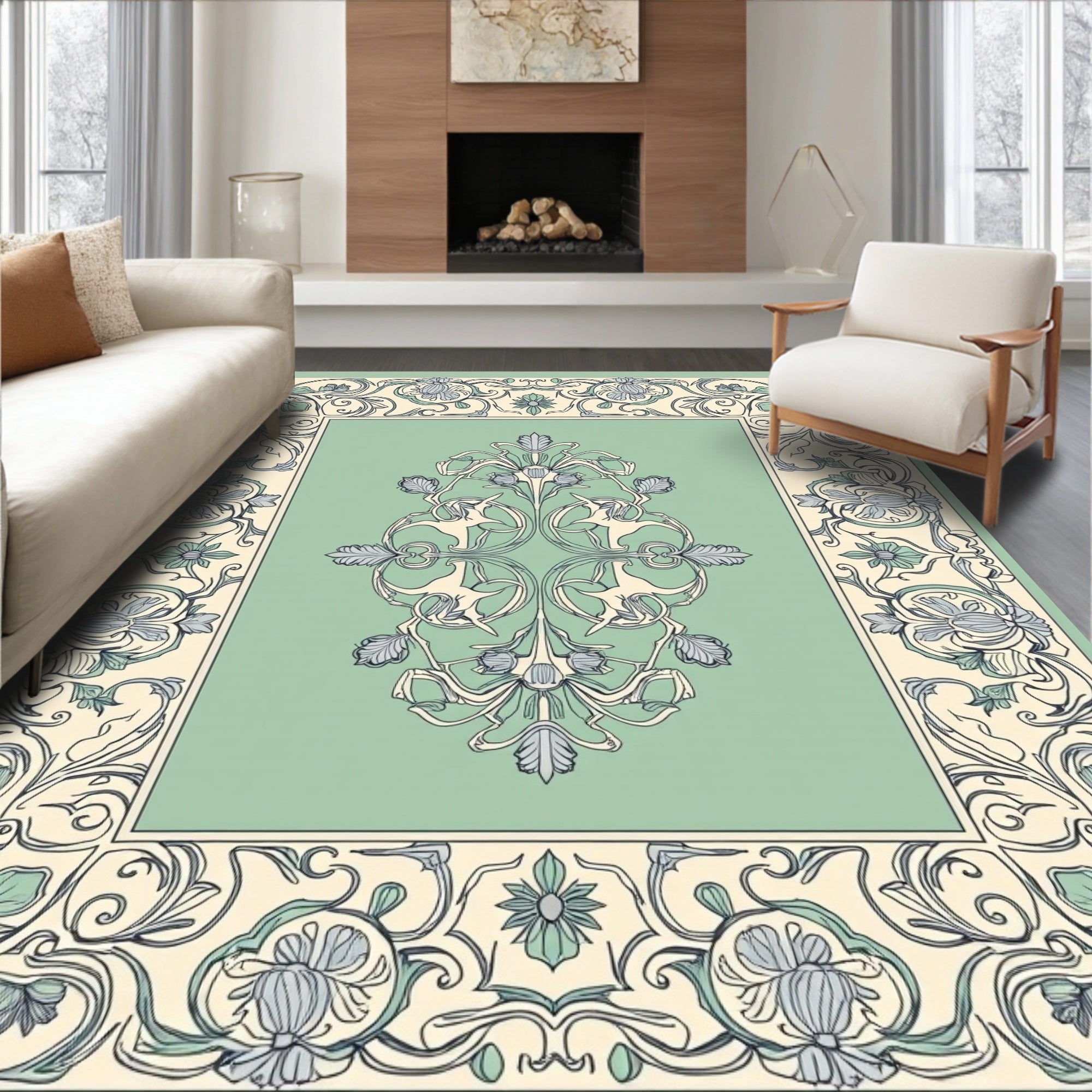 Vintage Floral Swirl Green Cream Rug