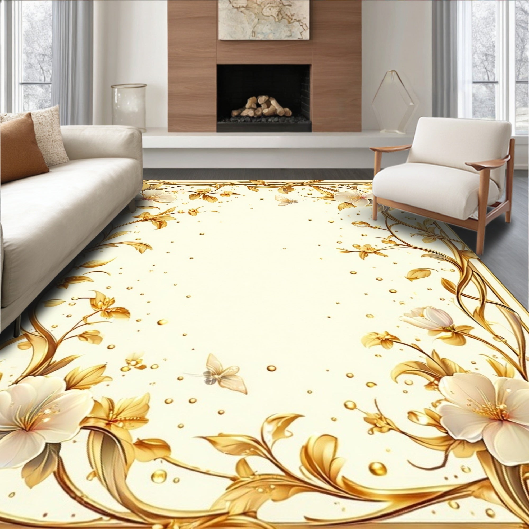 Elegant Floral Butterfly Gold Border Rug