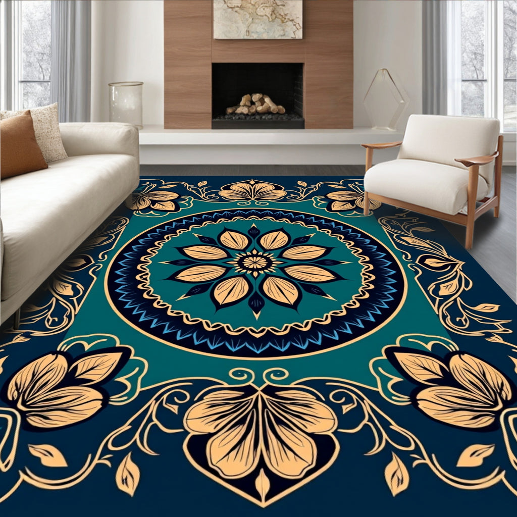 Ornate Floral Mandala Teal Rug