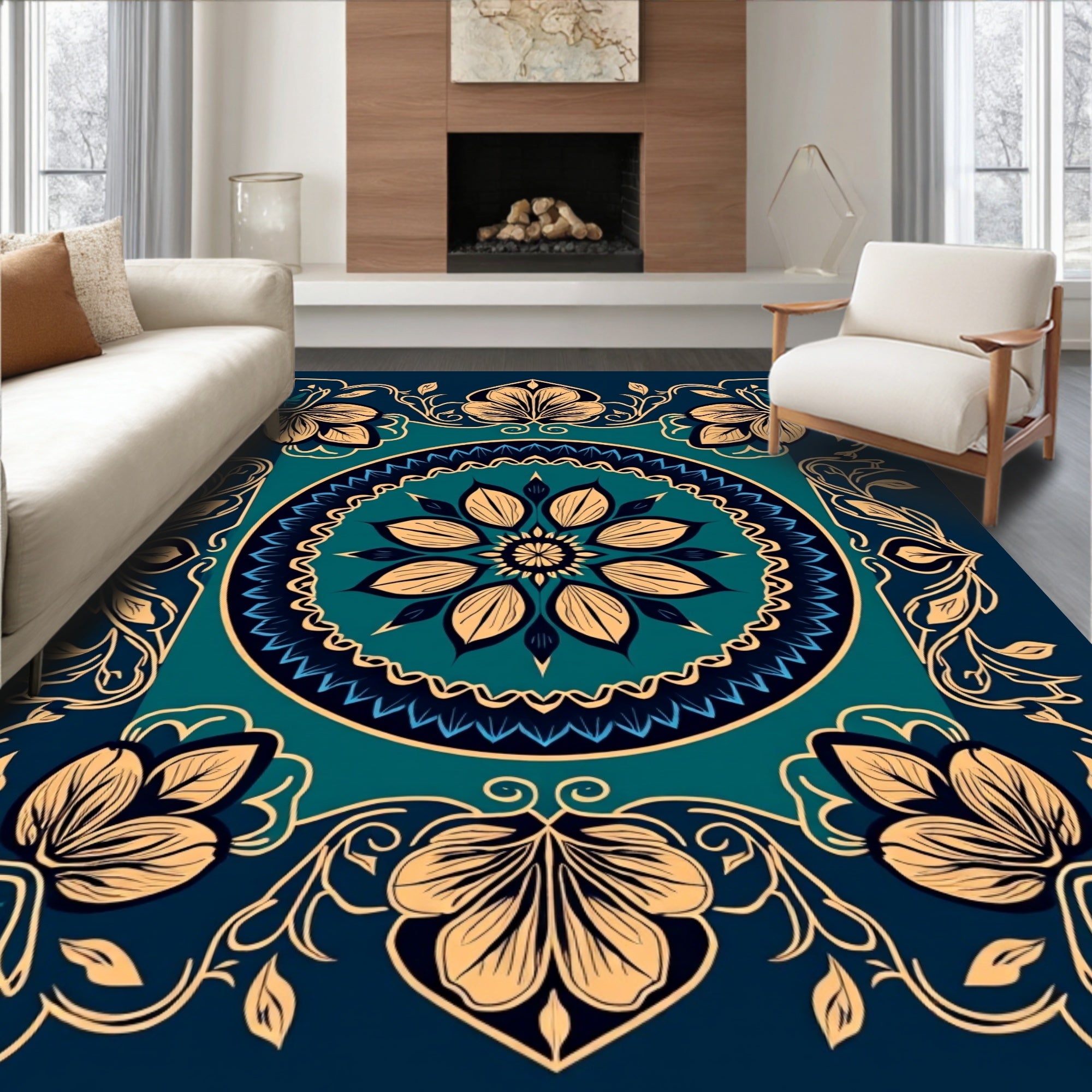 Ornate Floral Mandala Teal Rug
