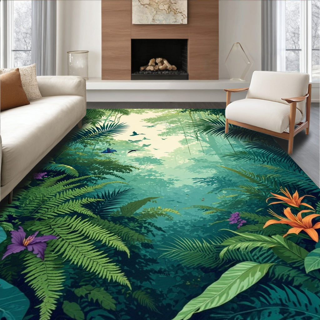 Lush Jungle Botanical Bird Design Rug