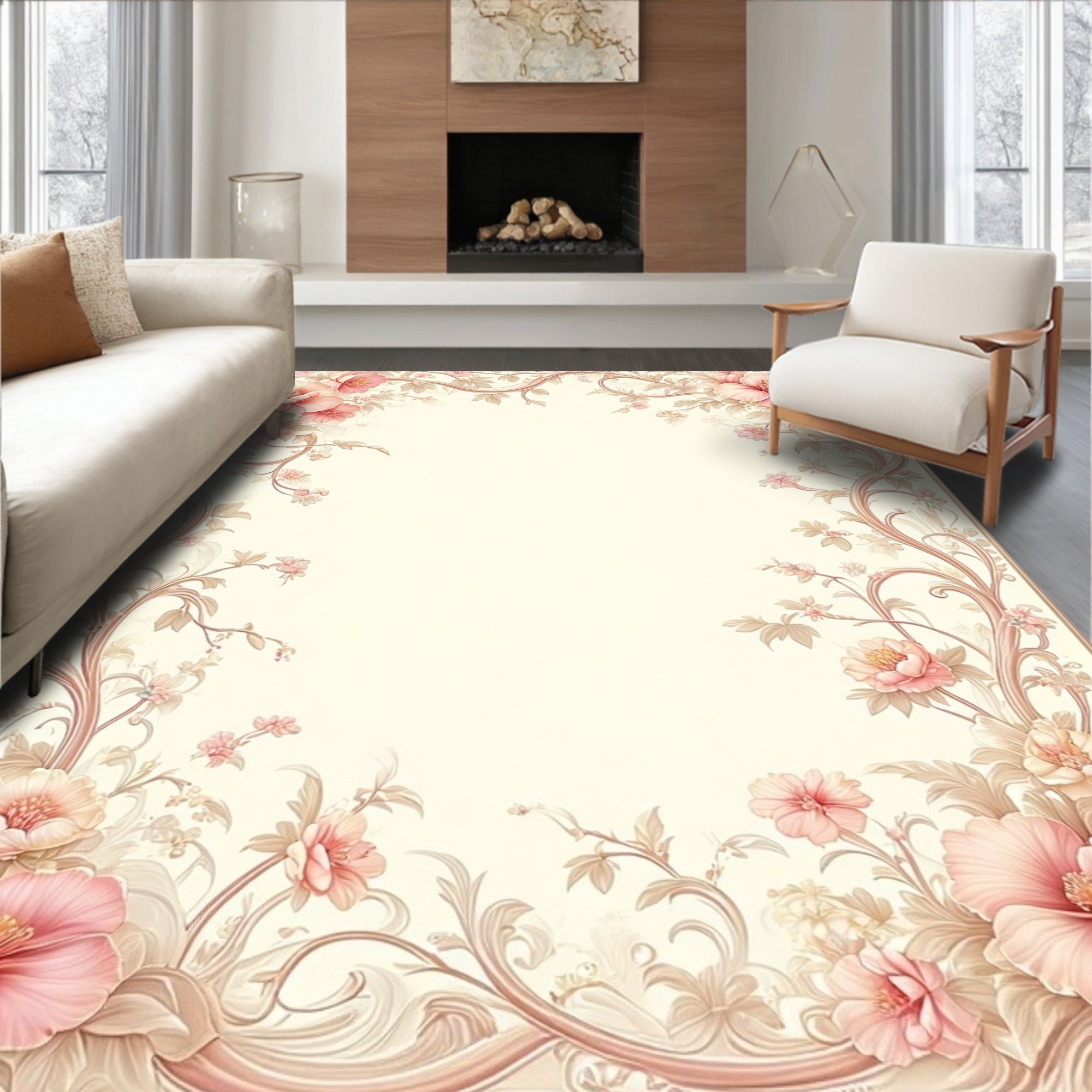 Delicate Pink Floral Scroll Design Rug