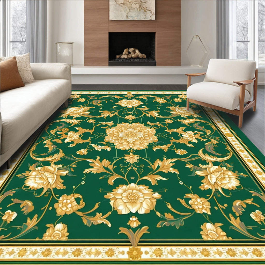 Emerald Green Gold Floral Garden Rug