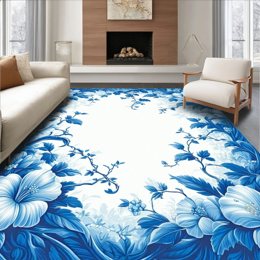 Blue Floral Vines Patterned Rug