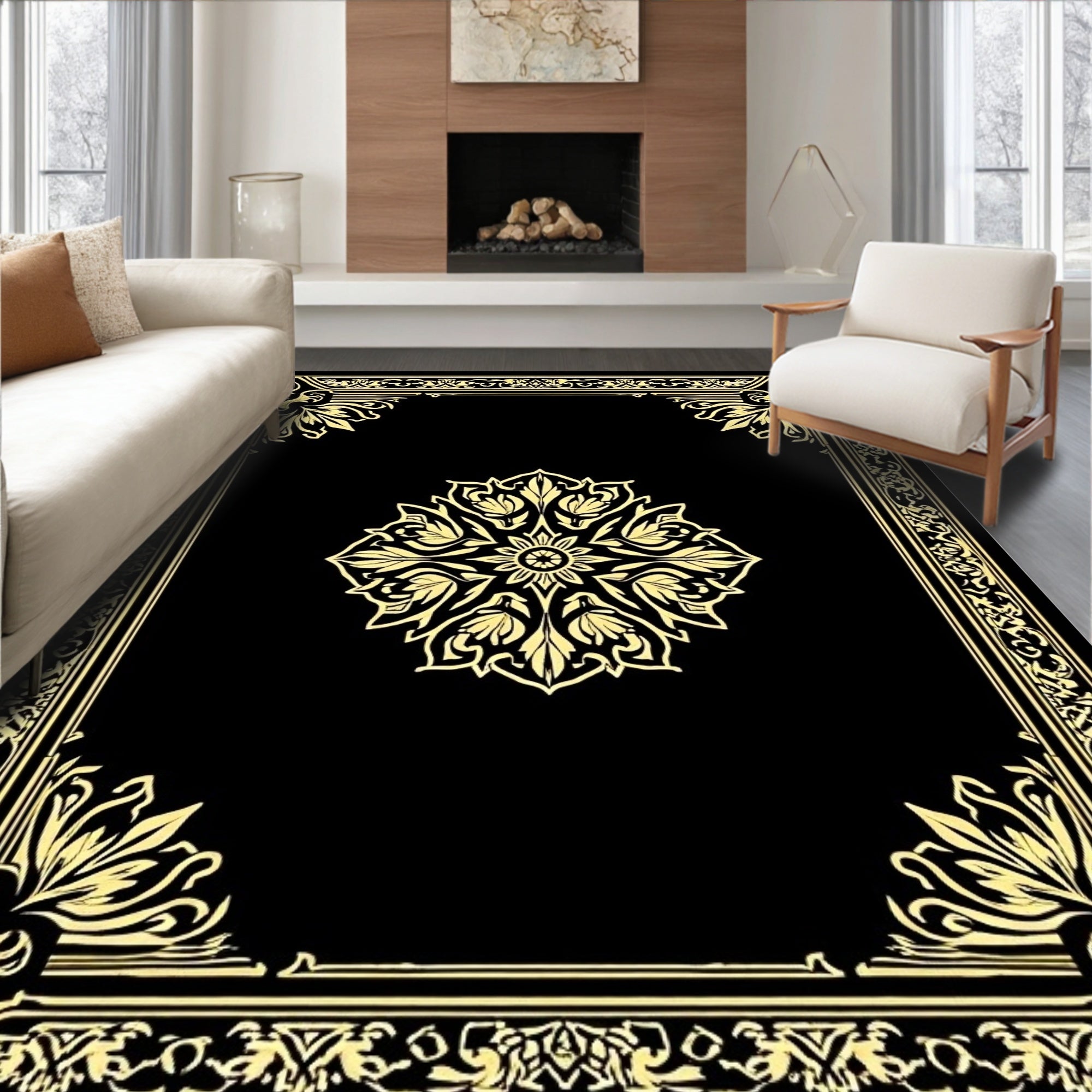 Elegant Black Gold Floral Border Design Rug