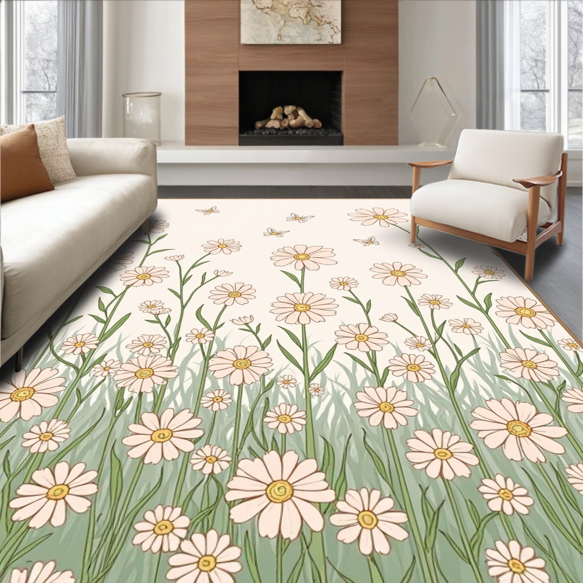 Delicate Daisy Butterfly Field Design Rug