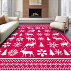 Red White Reindeer Snowflake Trees Rug