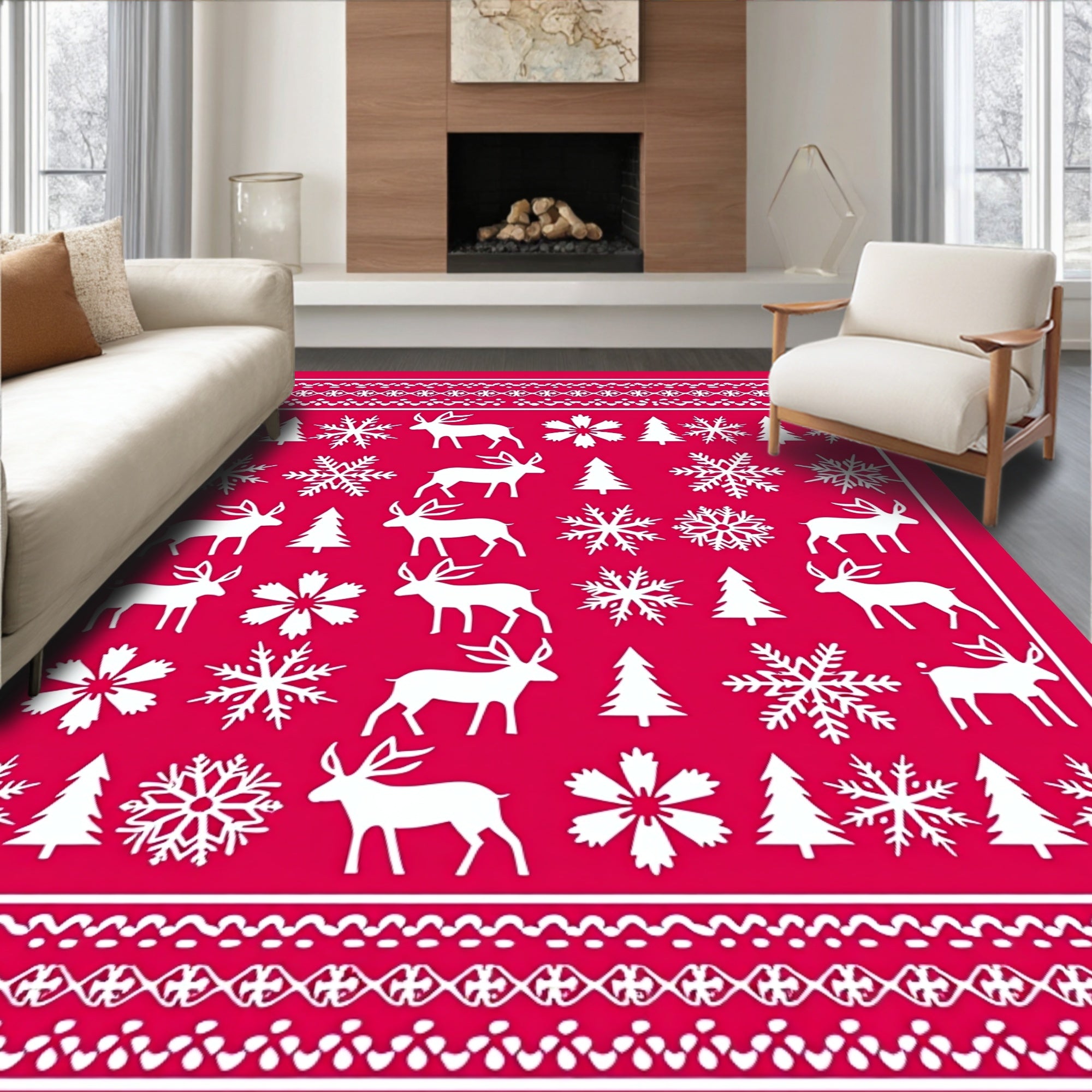 Red White Reindeer Snowflake Trees Rug
