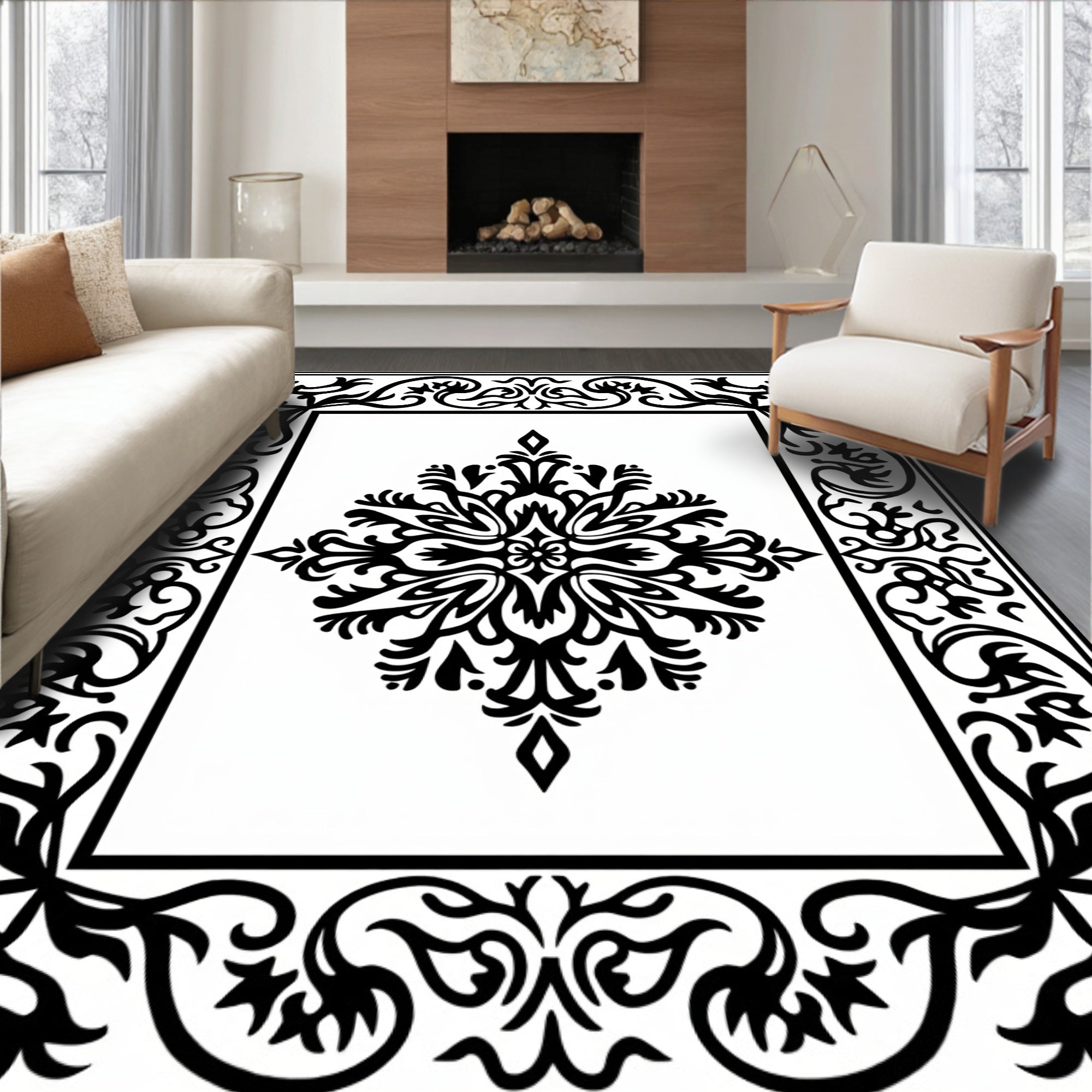 Intricate Floral Scrollwork Frame Design Rug
