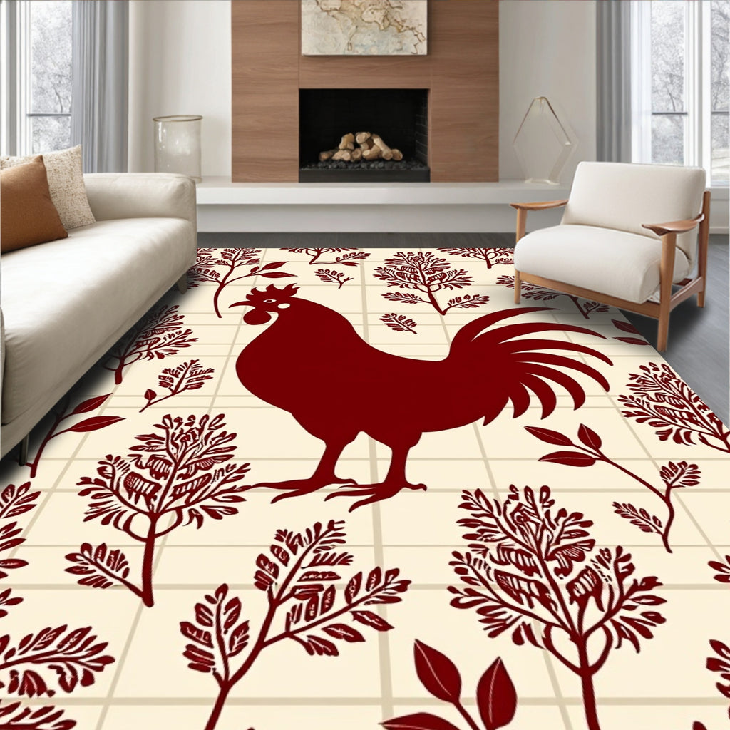 Folk Rooster Branch Pattern Design Rug