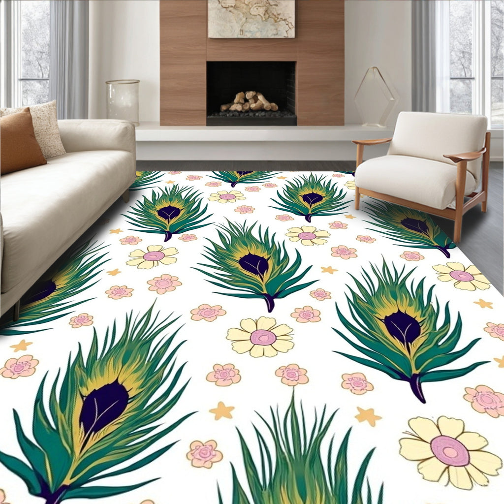 Whimsical Peacock Feather Floral Pattern Rug