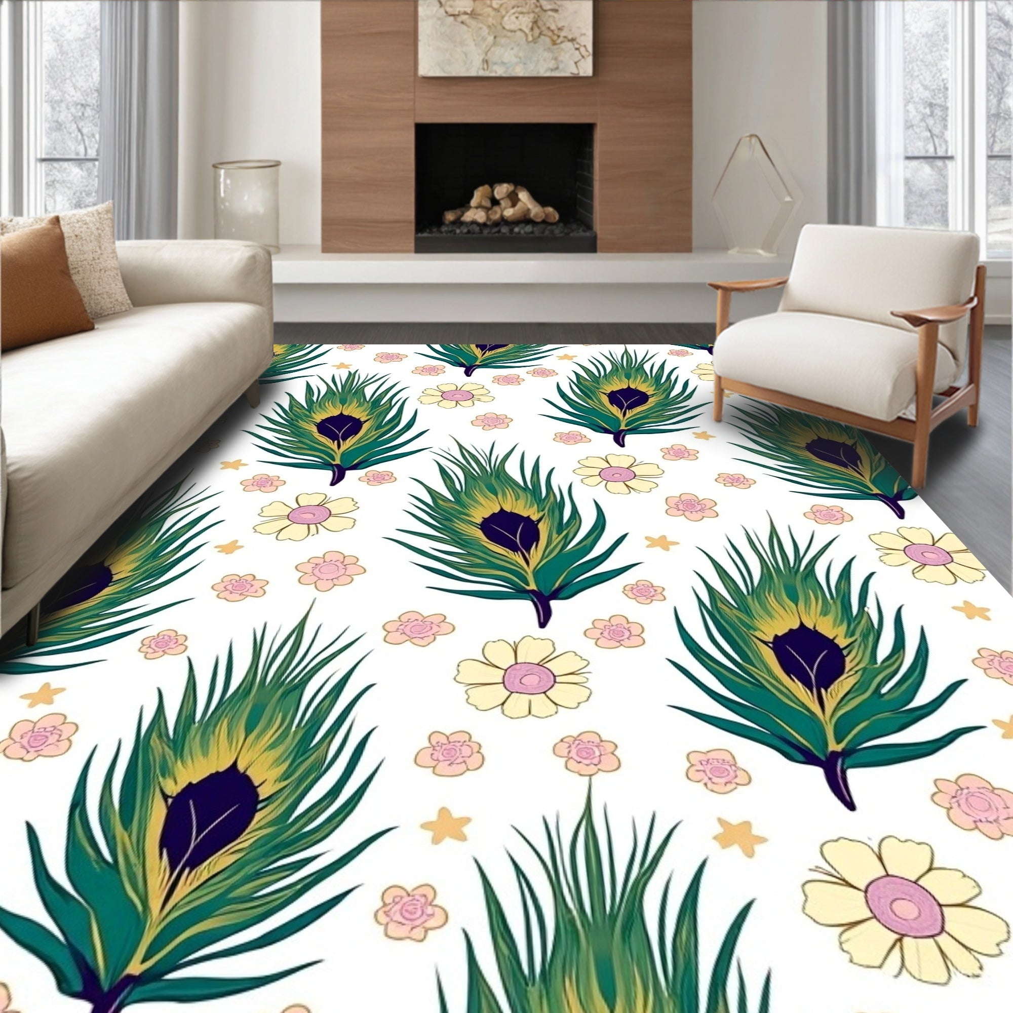 Whimsical Peacock Feather Floral Pattern Rug