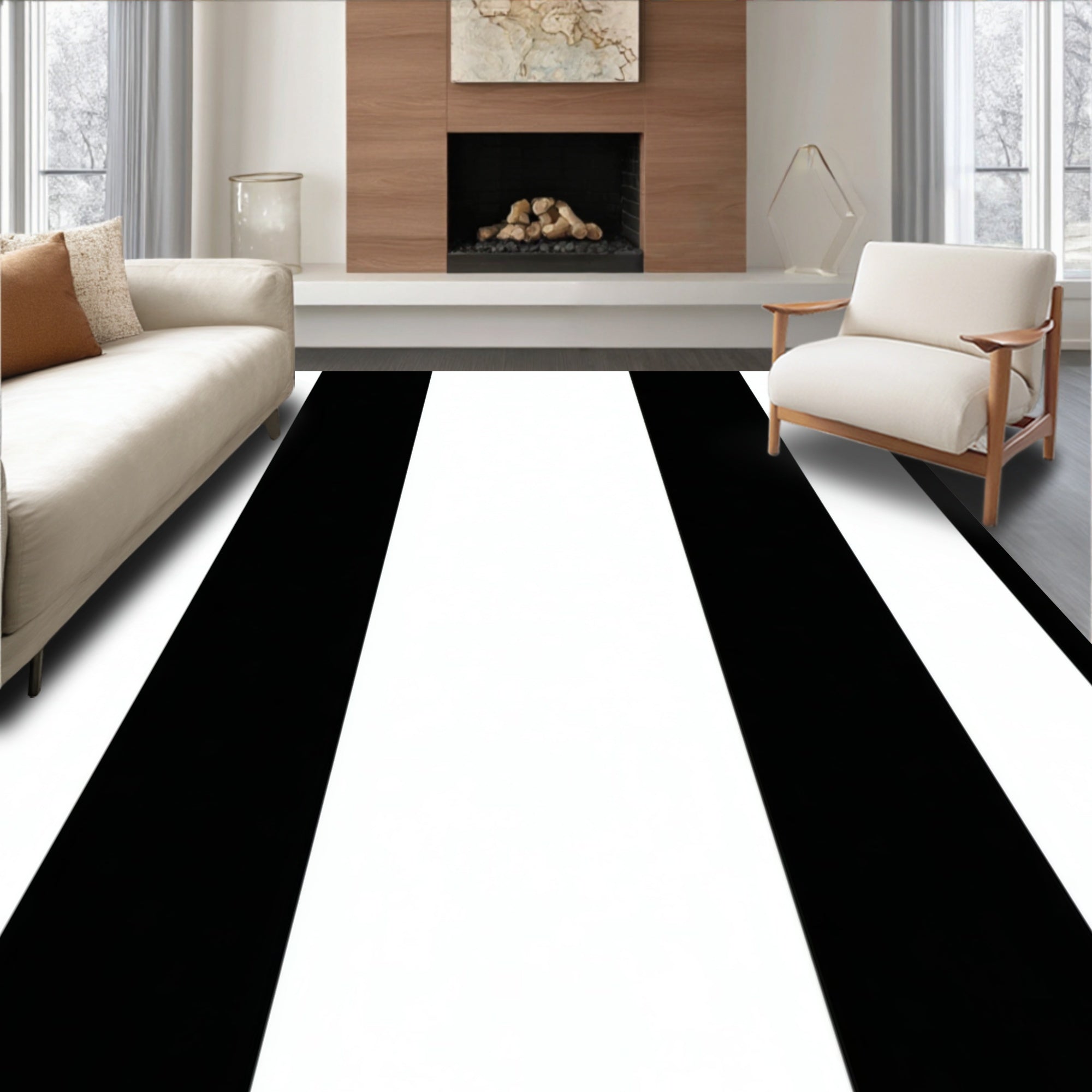 Bold Black White Stripe Design Rug