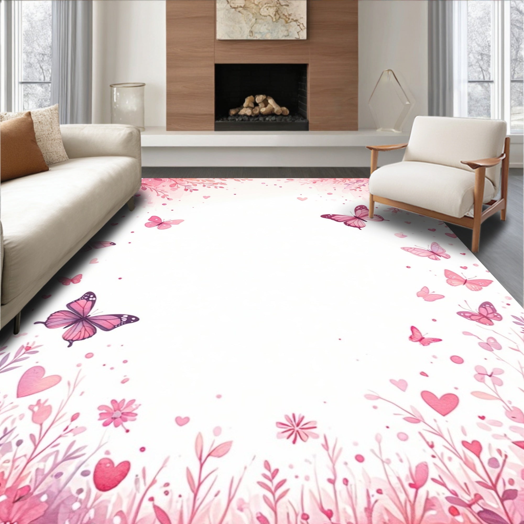 Pink Watercolour Butterflies Blossoms Design Rug