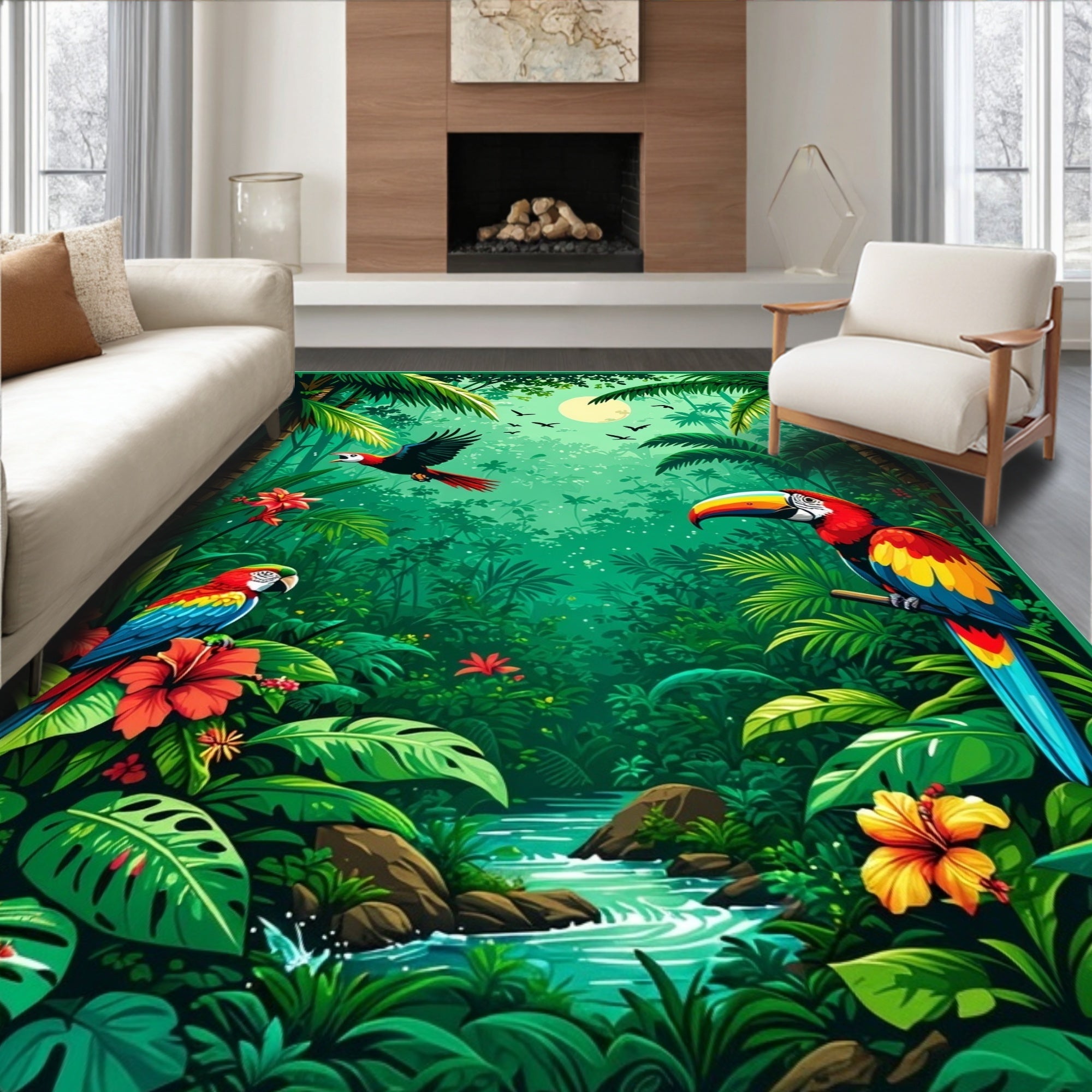 Tropical Jungle Birds Blooms Rug