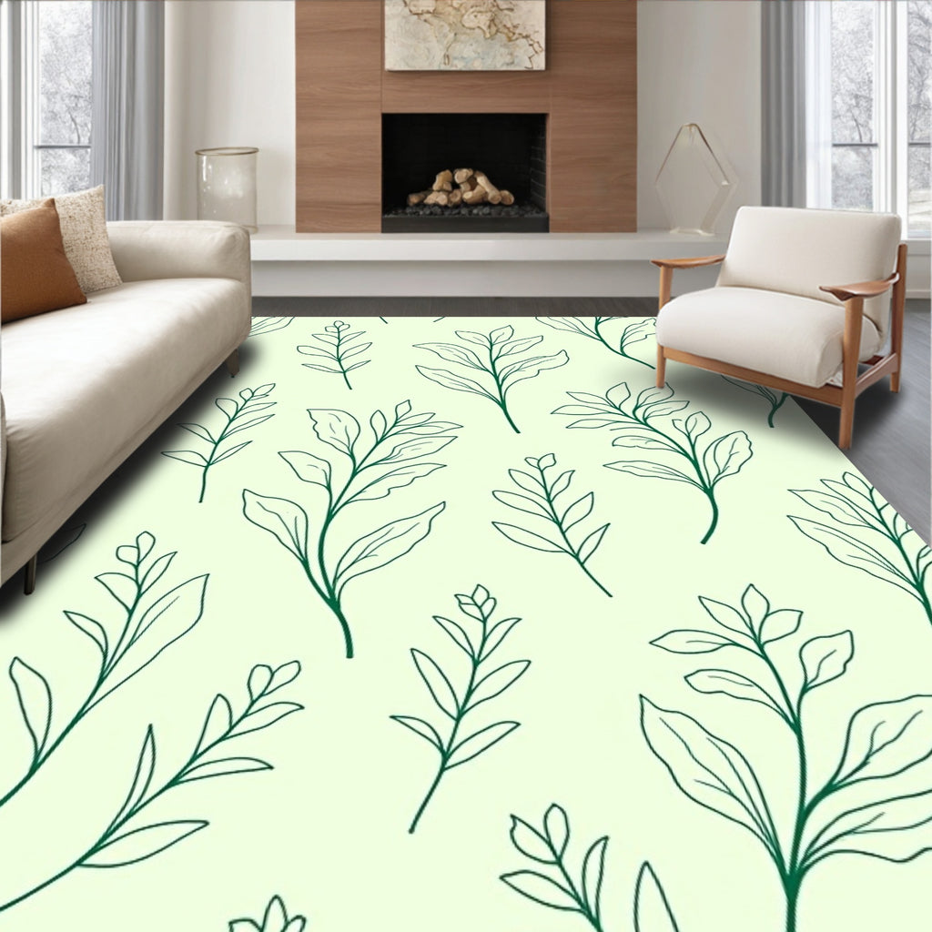 Minimalist Green Leaf Botanical Pattern Rug