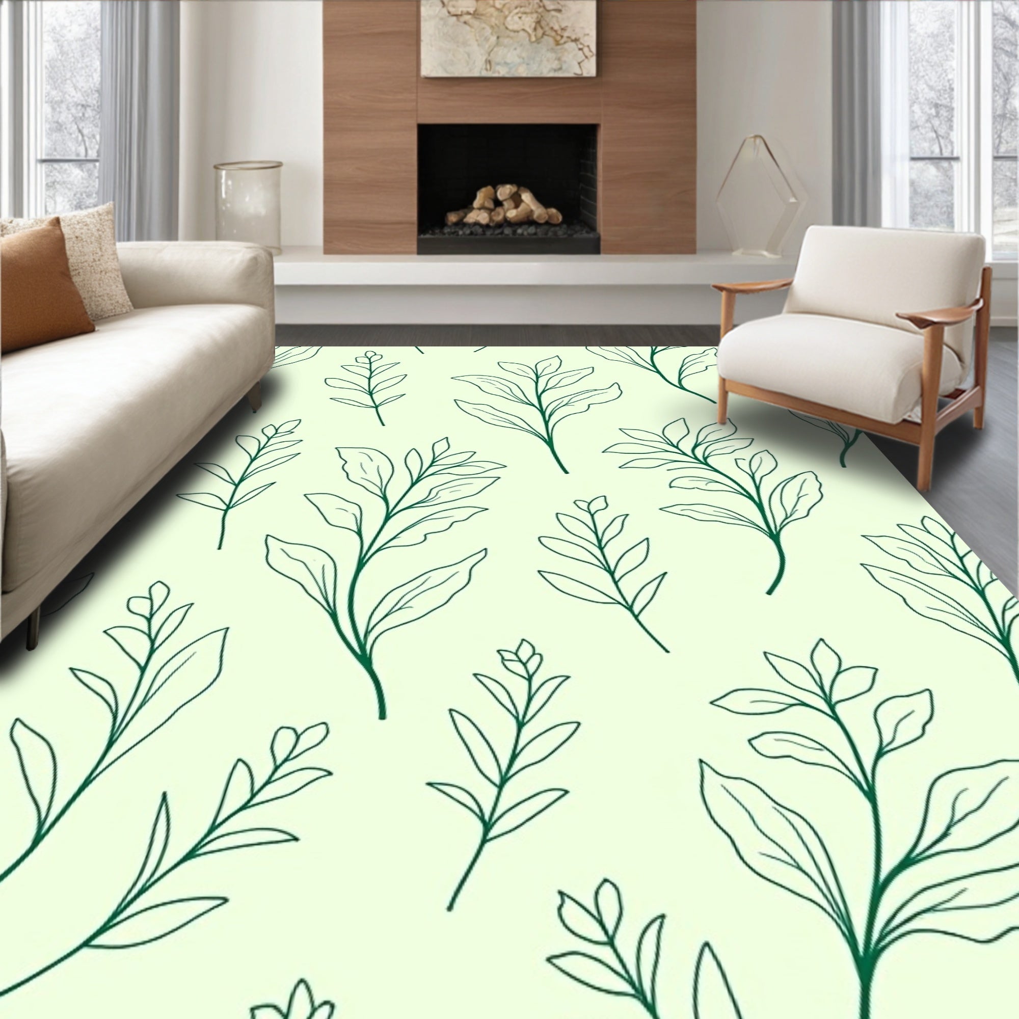 Minimalist Green Leaf Botanical Pattern Rug