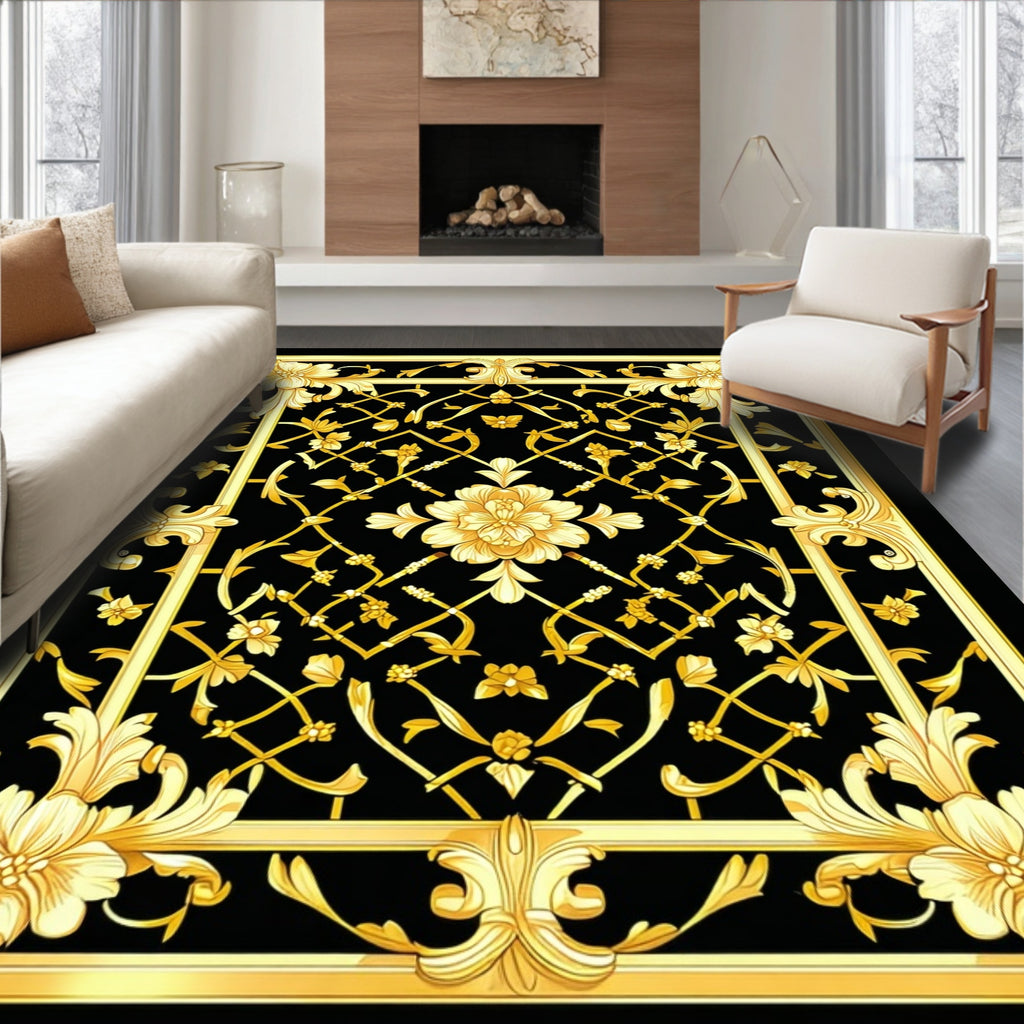 Elaborate Golden Floral Lattice Pattern Rug