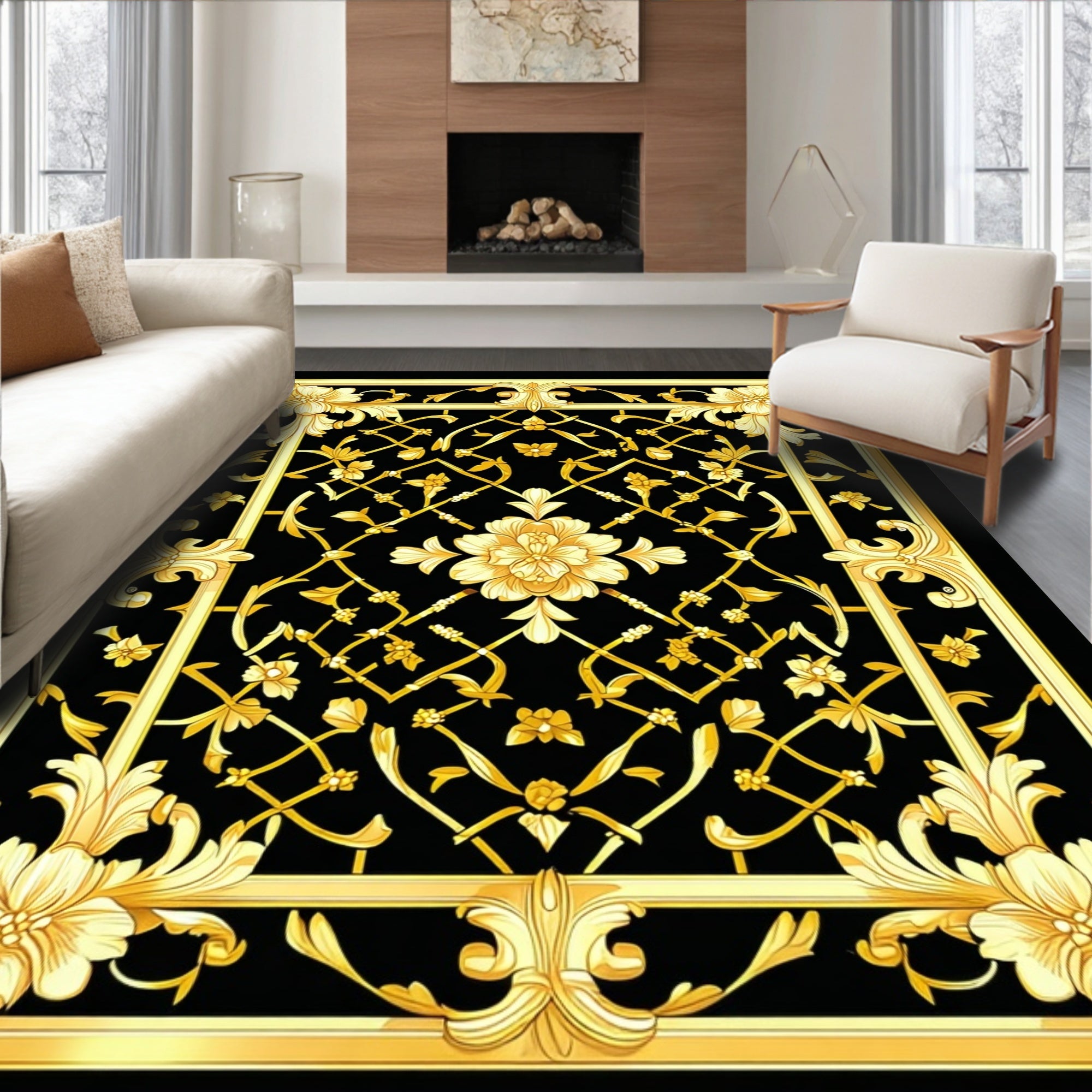 Elaborate Golden Floral Lattice Pattern Rug