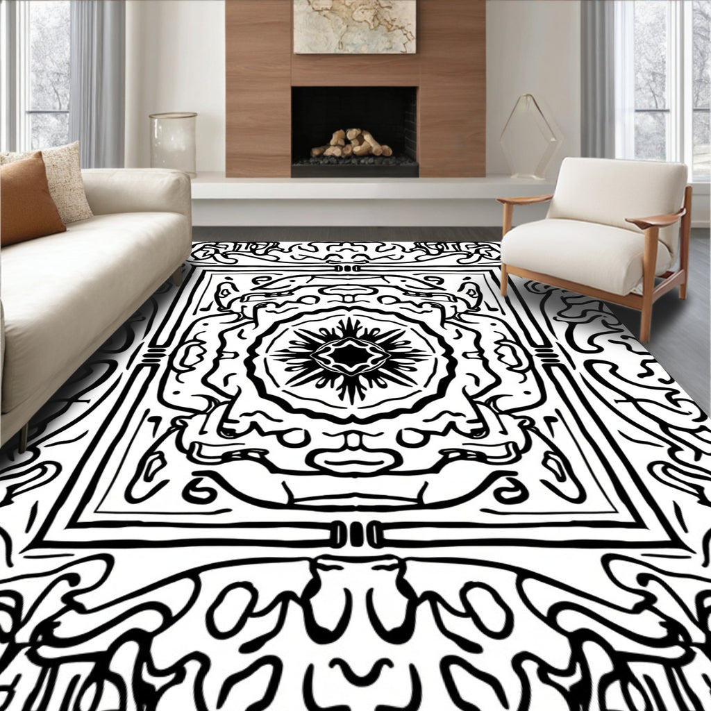 Intricate Black White Organic Pattern Rug