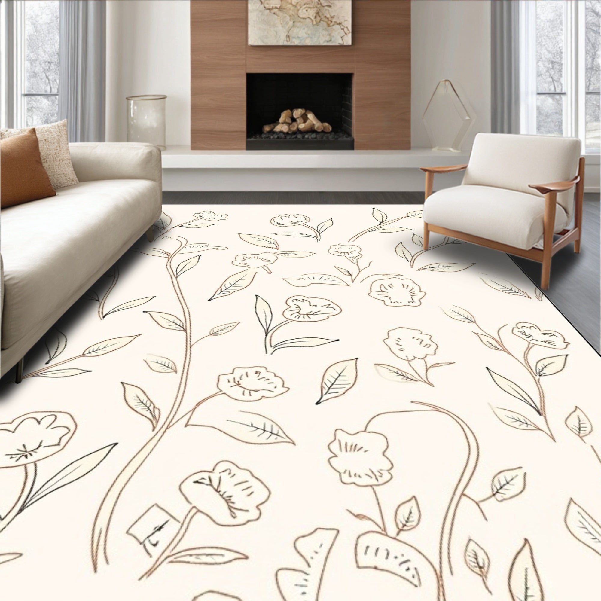 Delicate Floral Line Drawings Rug