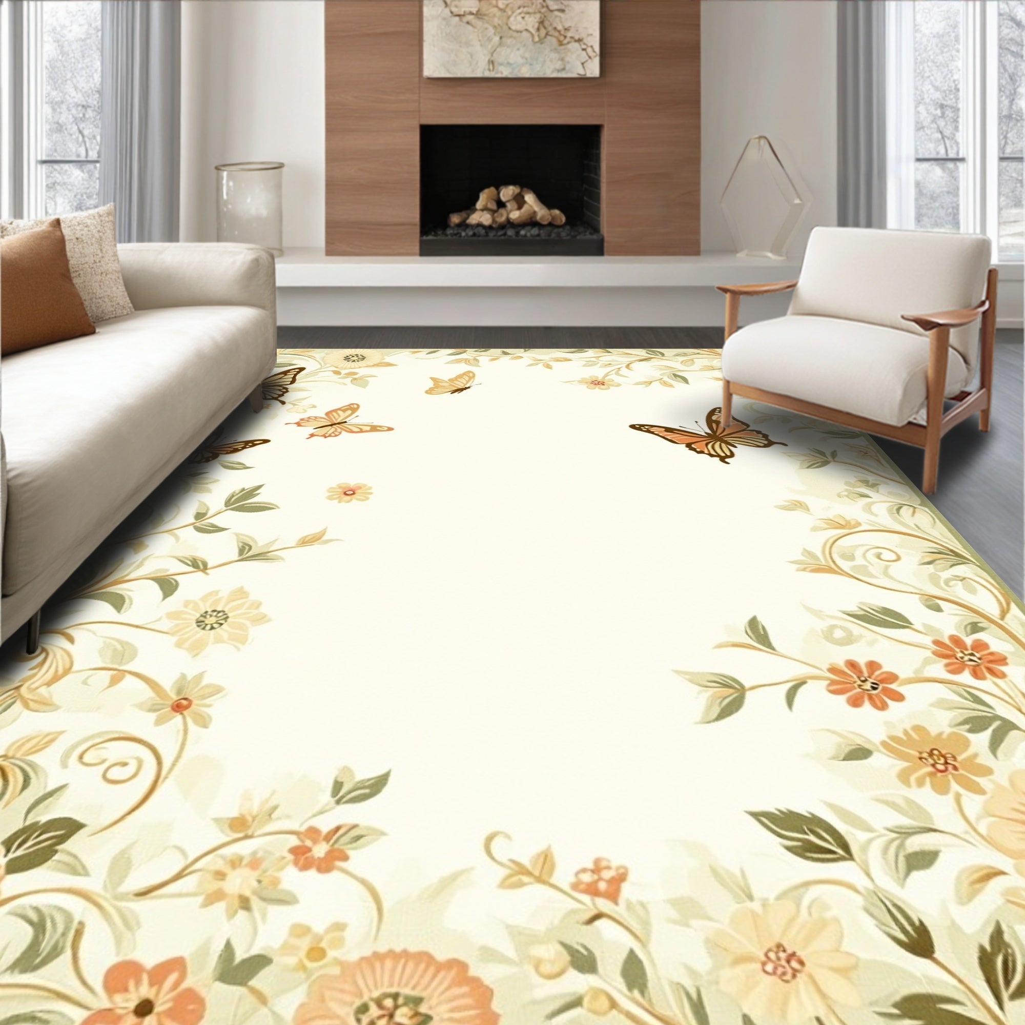 Cream Butterfly Garden Floral Vines Rug