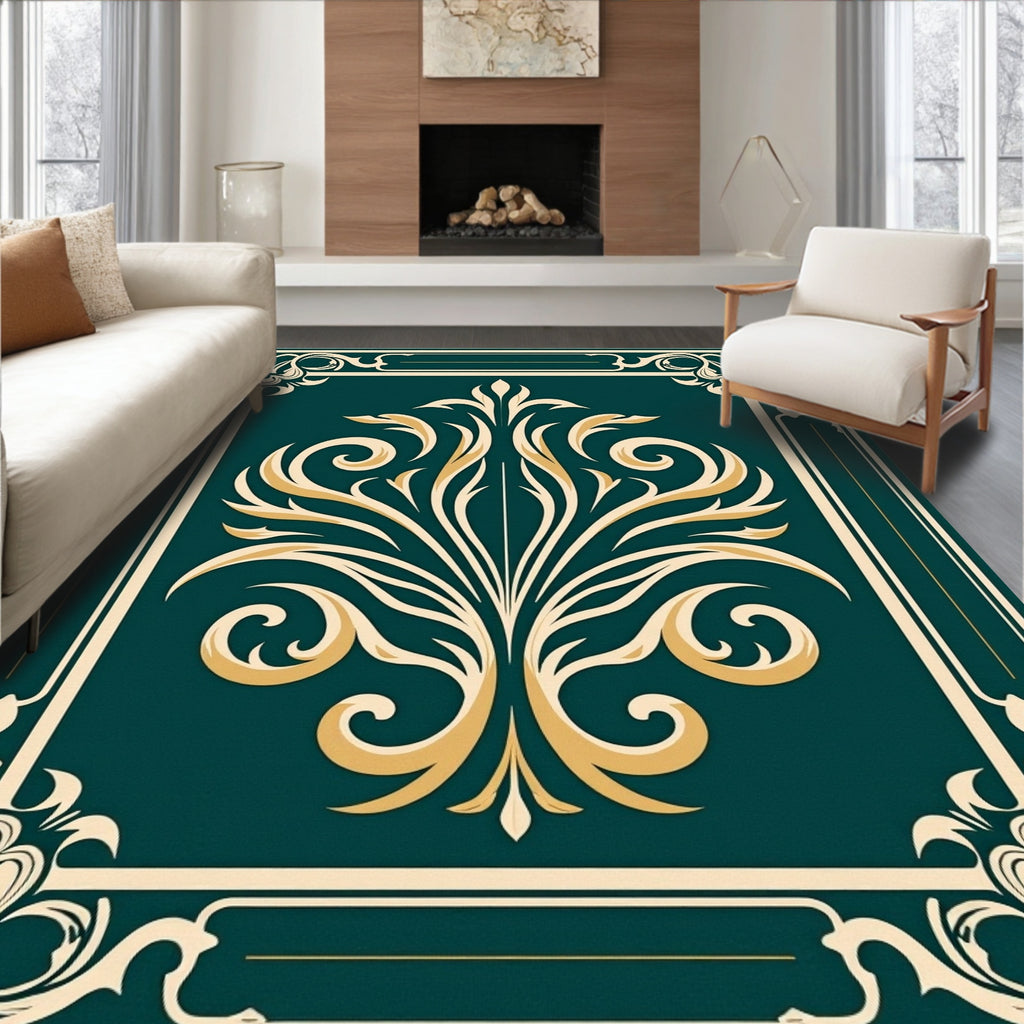 Elegant Cream Golden Floral Vines Rug