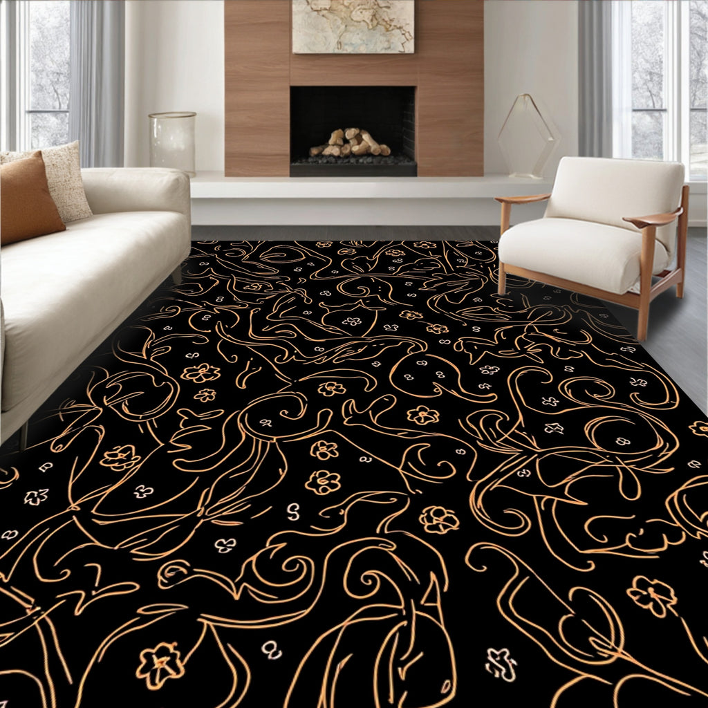 Dark Orange Outline Abstract Floral Patterns Rug