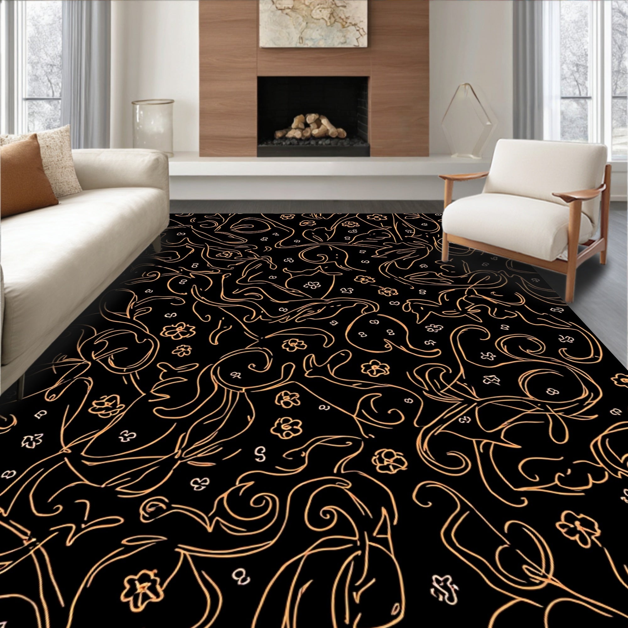 Dark Orange Outline Abstract Floral Patterns Rug