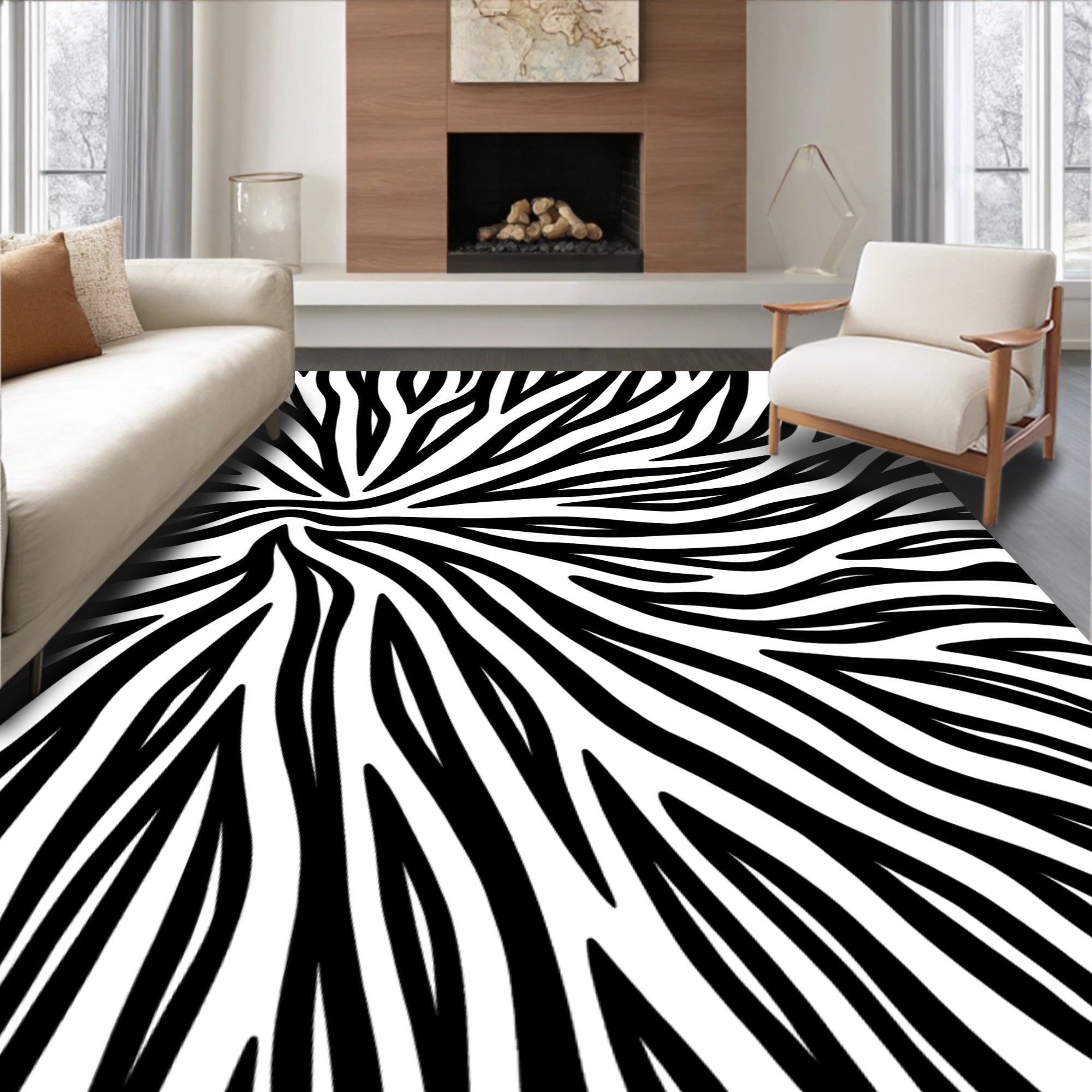 Black White Dynamic Stripe Pattern Rug
