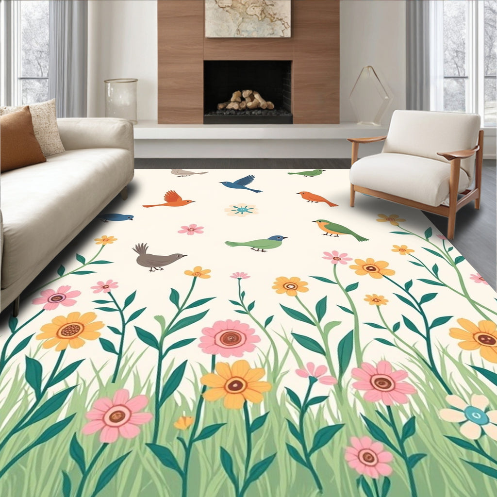 Whimsical Birds And Flowers Folklore Design Rug