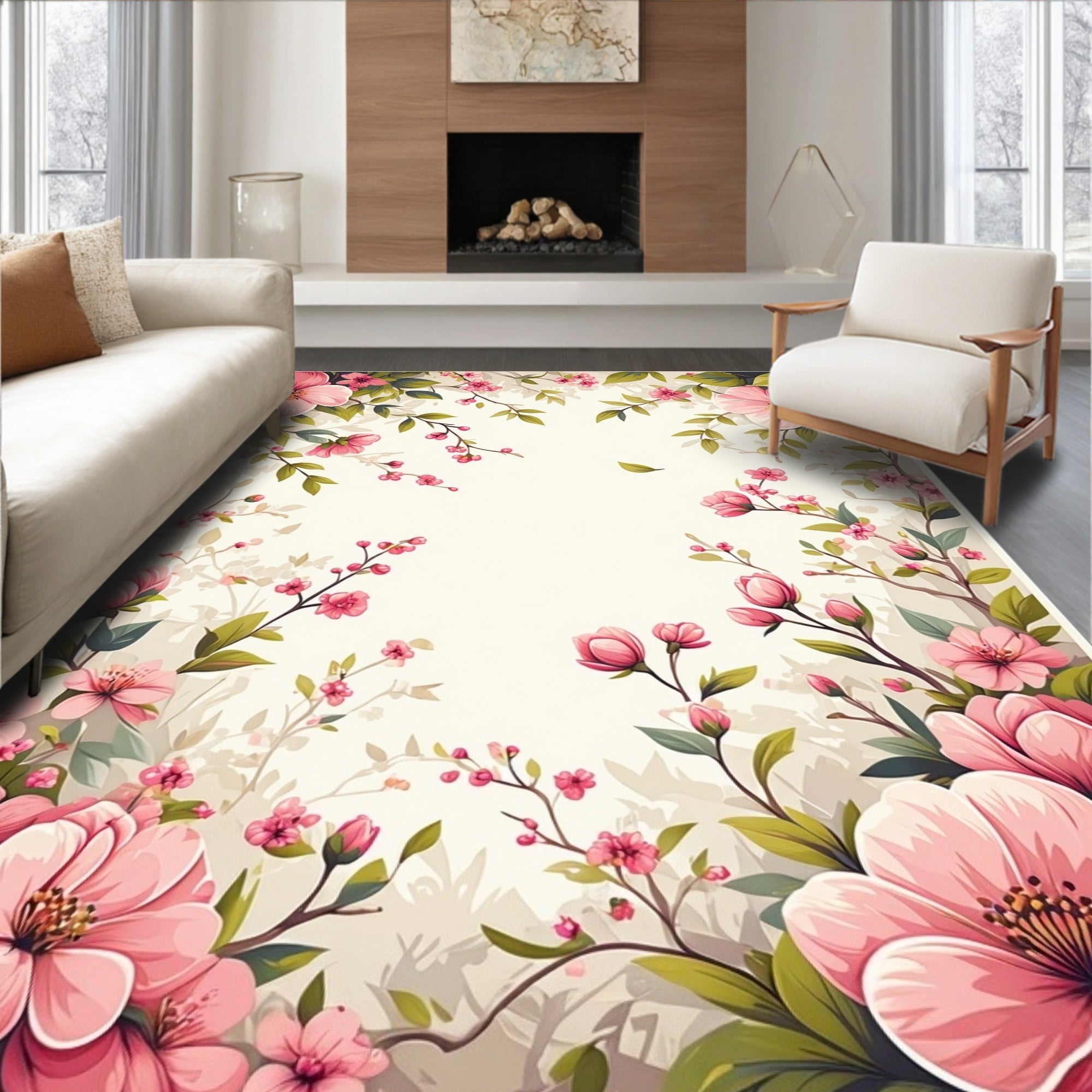 Soft Pink Floral Branches Design Rug