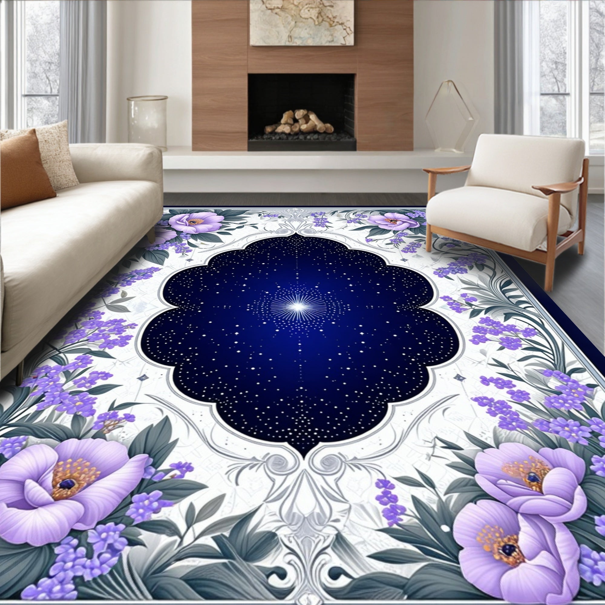 Elegant Starry Night Floral Frame Rug
