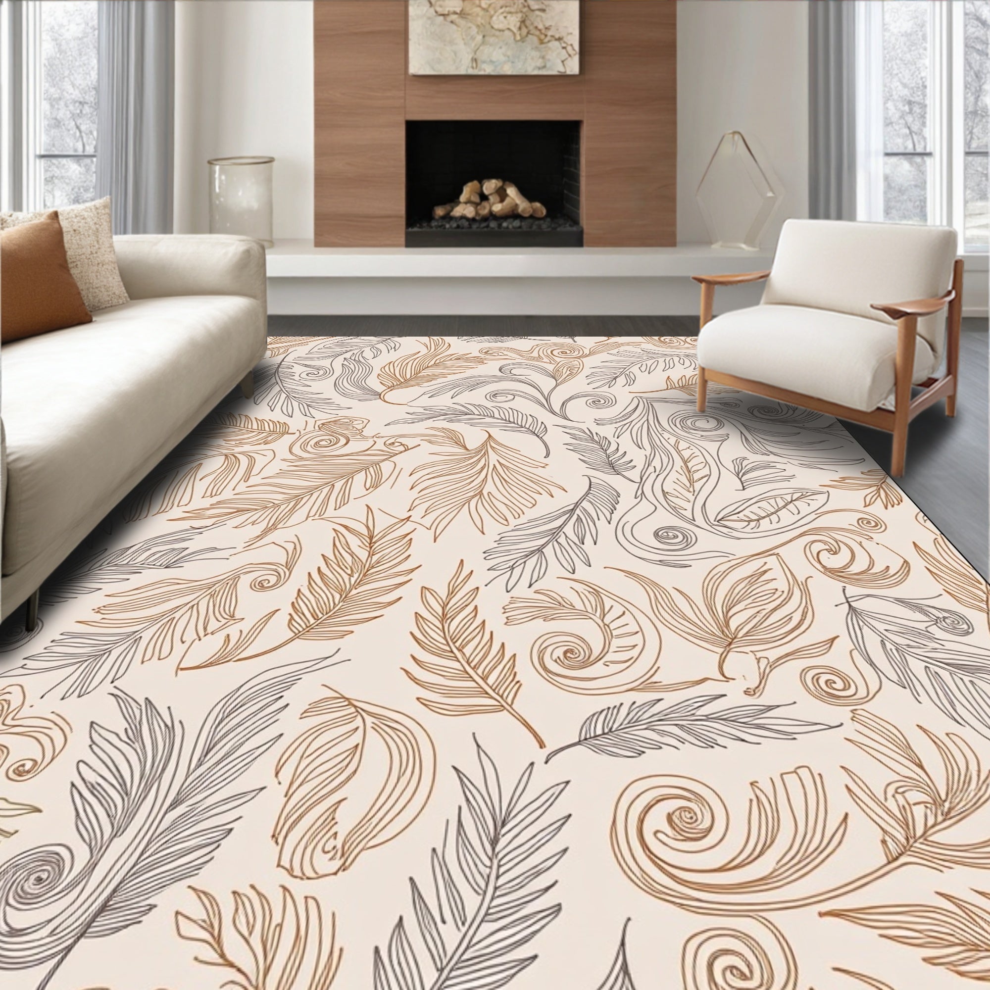 Feather Swirls Patterned Natural Design Rug