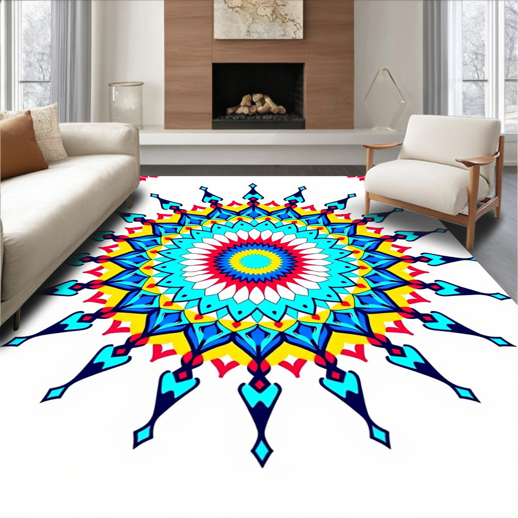 Radiant Sunburst Mandala Blue Yellow Red Rug