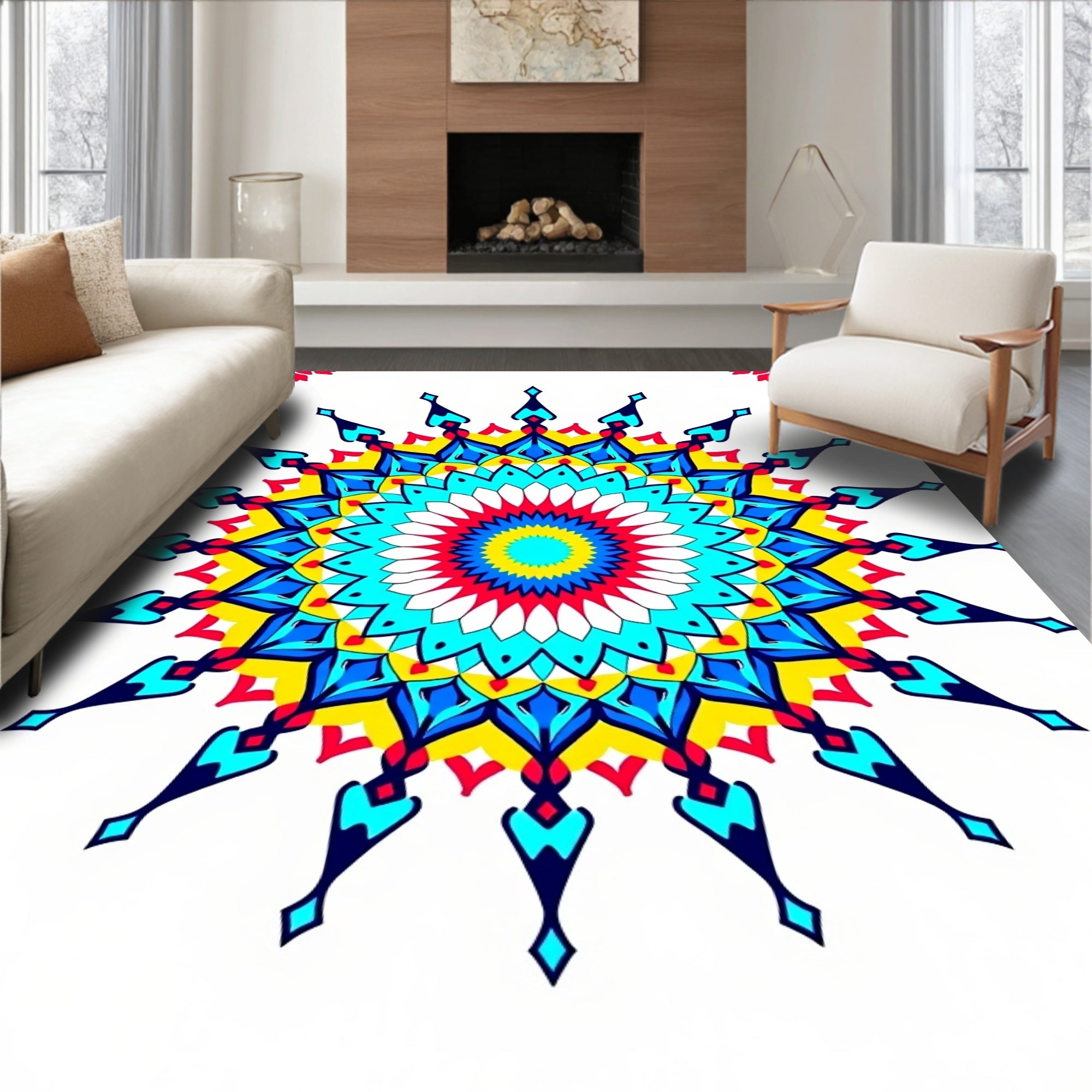 Radiant Sunburst Mandala Blue Yellow Red Rug