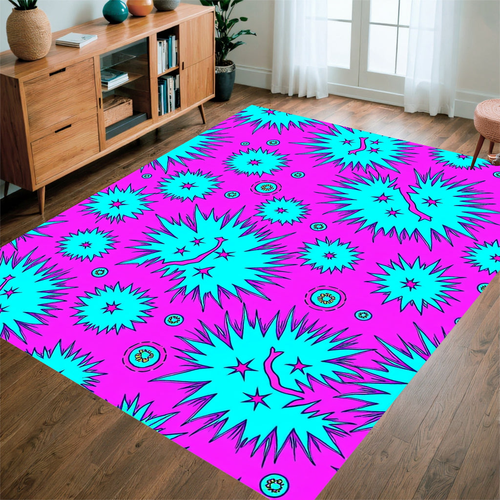 Bright Teal Pink Starburst Pattern Rug