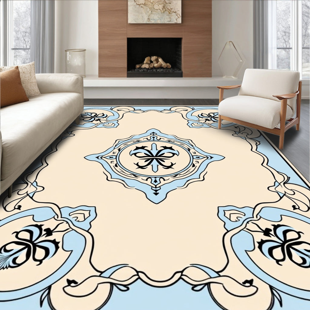 Cream Blue Classic Floral Motif Rug